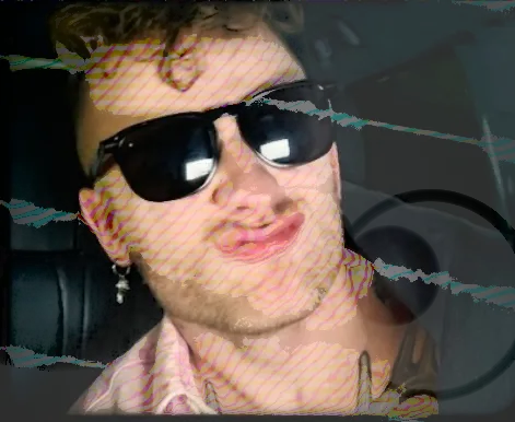 A close-up of someone in a car wearing dark sunglasses and pursing their lips, the frame torn through with pink and teal diagonal scanline artefacts as though captured from corrupted video.