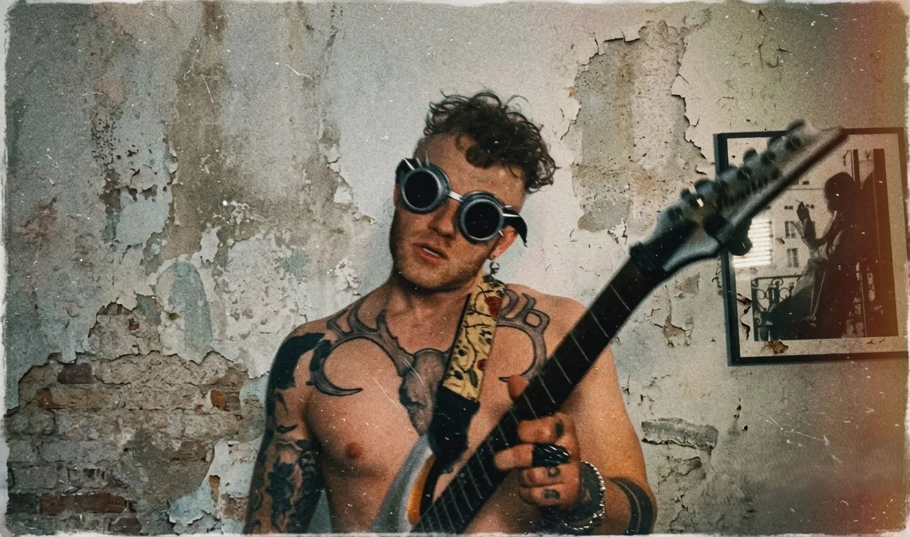 A grainy, scratched photograph against a wall of peeling paint and exposed brick: a shirtless, heavily tattooed guitarist in dark round goggles playing a pointed electric guitar on a patterned strap, with a framed black-and-white picture hanging on the wall to the right.