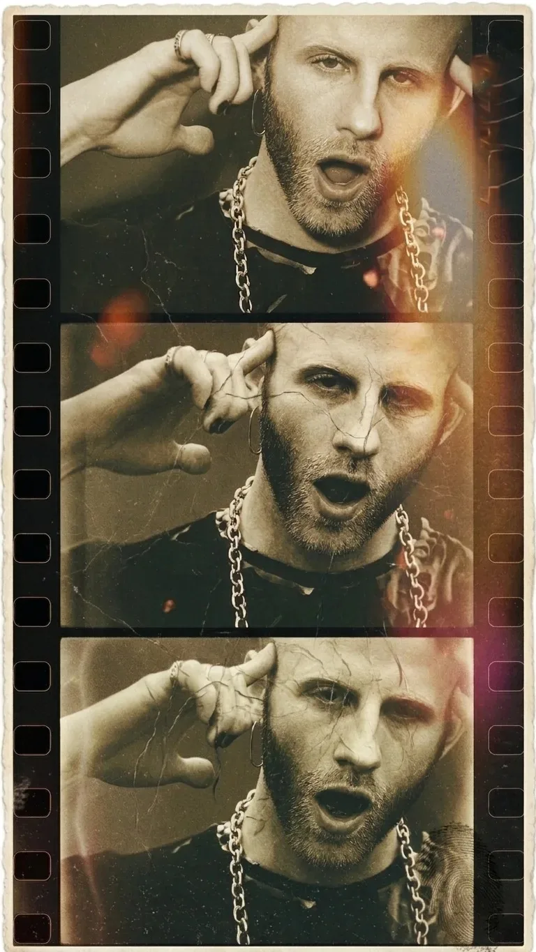 A strip of three film frames with sprocket holes down both edges, warm sepia with an orange light leak burning down the right side: the same close-up repeated, someone with a short beard and a heavy chain necklace holding a hand to the side of their head with their mouth open mid-shout, each successive frame more scratched and cracked than the last.