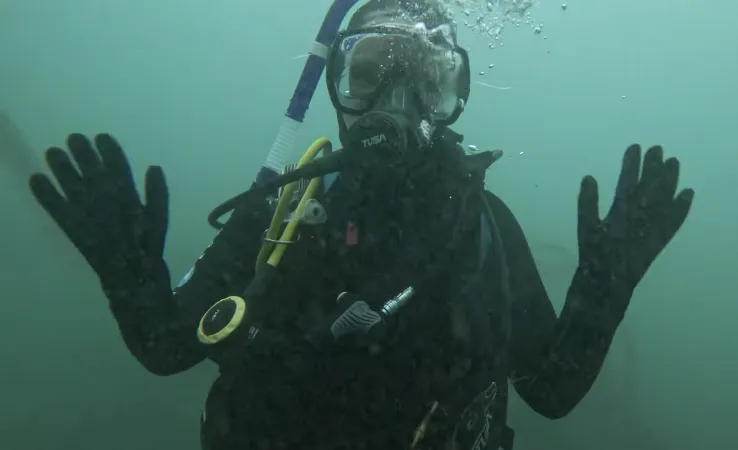 An underwater photograph in murky green water: a diver in a full wetsuit, mask, gloves and regulator with both hands raised open beside their head, bubbles rising past the mask.